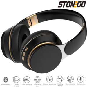 STONEGO Foldable Wireless Stereo Headphones, HiFi Bluetooth Headset Deep Bass Sound HD Microphone PU Leather Earmuffs Noise Cancelling STONEGO Audio Accessories for Smartphones, Tablets, Laptop, Music Player, Outdoor, Exercise, Travel - Support TF Card/ Wired Mode 1Pack